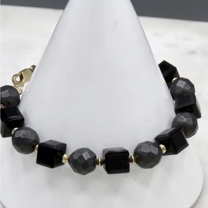 Cubed Beveled Onyx, Hematite and 14Kt gold bicone Bracelet
